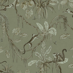 Close-up of the Playful Monkeys – Monochrome Green wallpaper mural