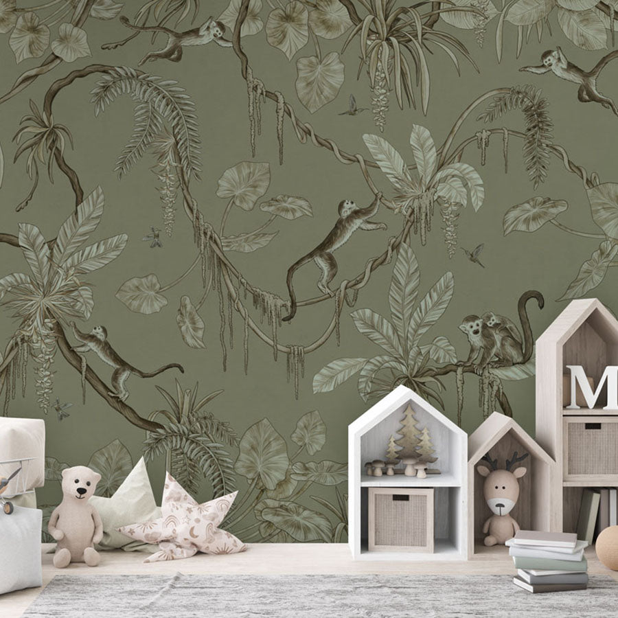 Playful Monkeys – Monochrome Green wallpaper mural in a house shaped storage