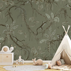 Playful Monkeys – Monochrome Green wallpaper mural in a teepee