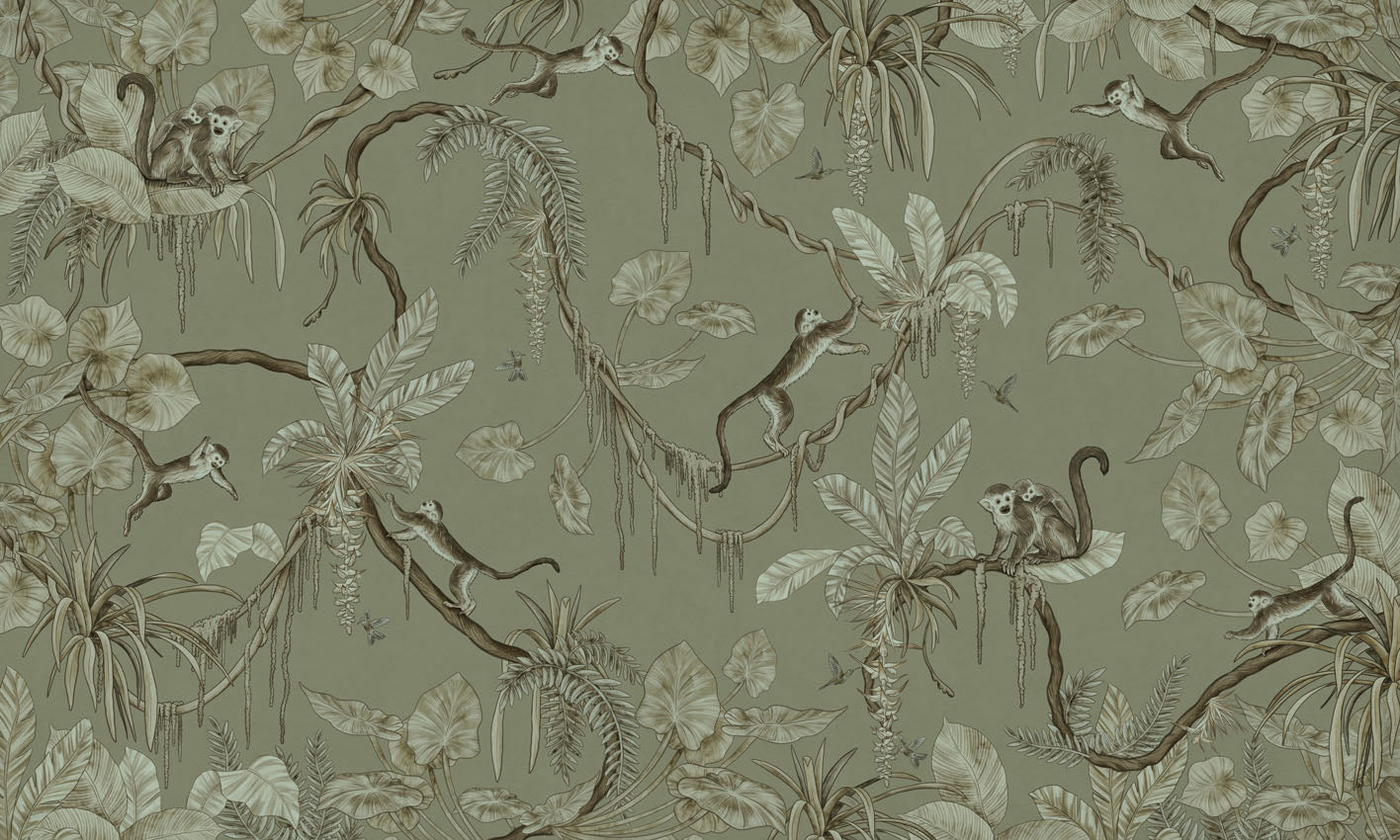 Playful Monkeys – Monochrome Green wallpaper mural by Kikki Belle