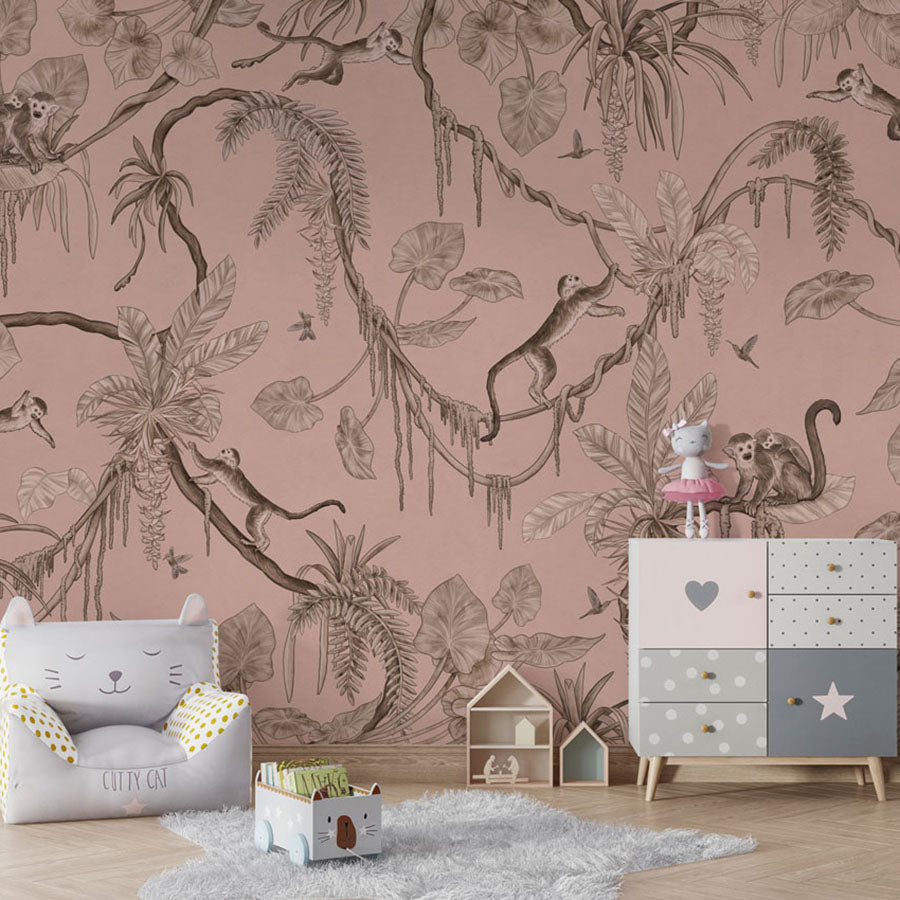 Playful Monkeys – Monochrome Pink wallpaper mural in a armchair storage