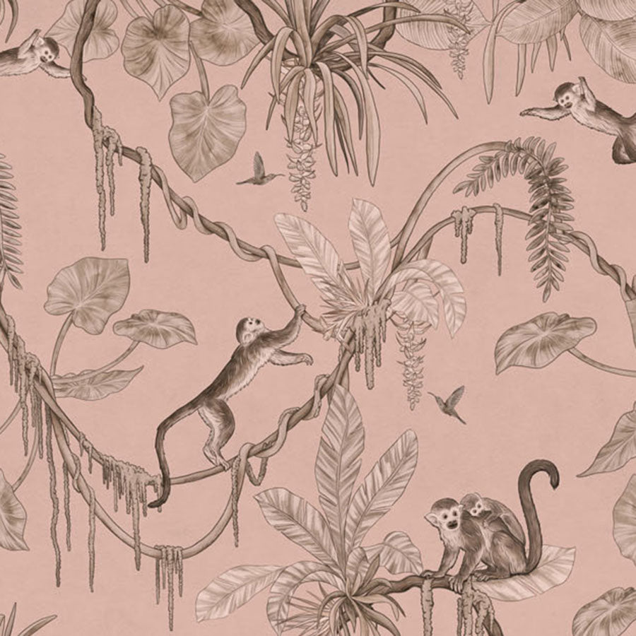 Close-up of the Playful Monkeys – Monochrome Pink wallpaper mural