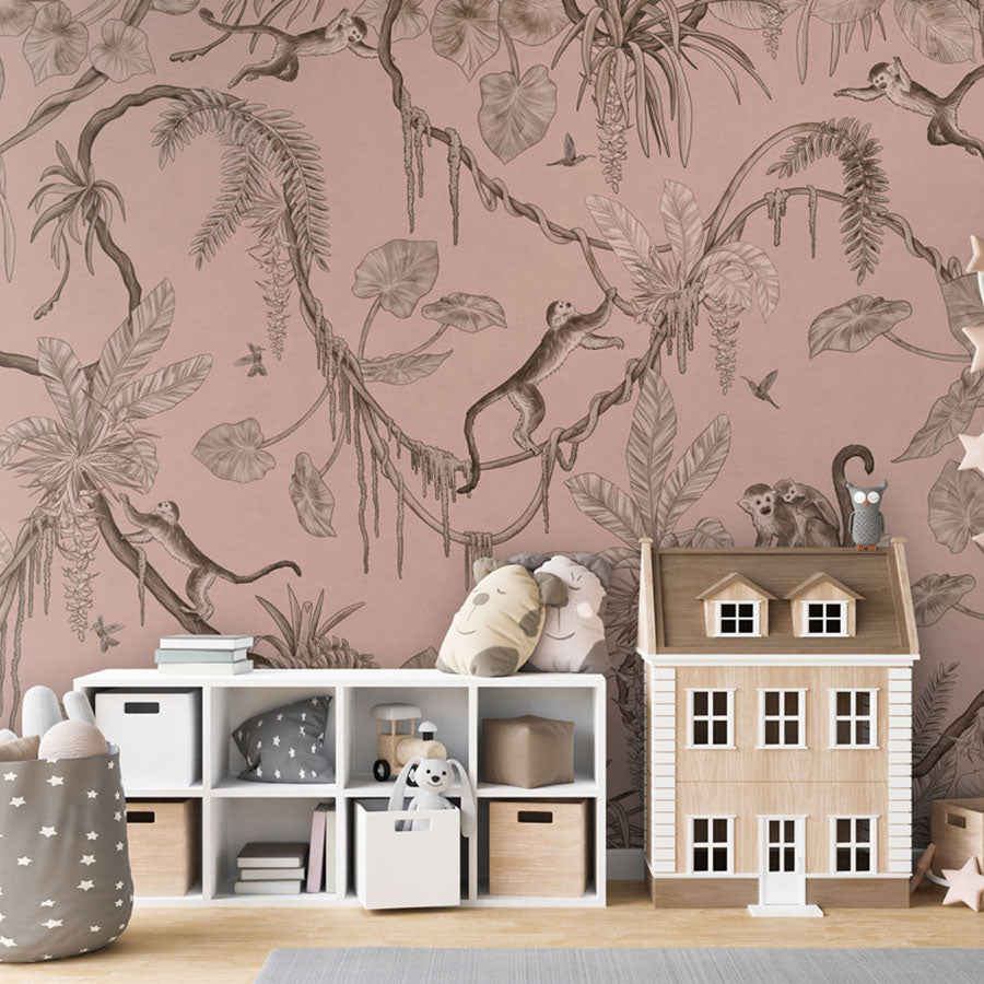 Playful Monkeys – Monochrome Pink wallpaper mural in a dolls house