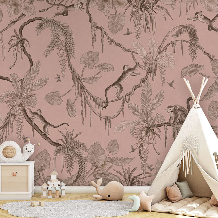 Playful Monkeys – Monochrome Pink wallpaper mural in a teepee