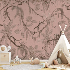 Playful Monkeys – Monochrome Pink wallpaper mural in a teepee