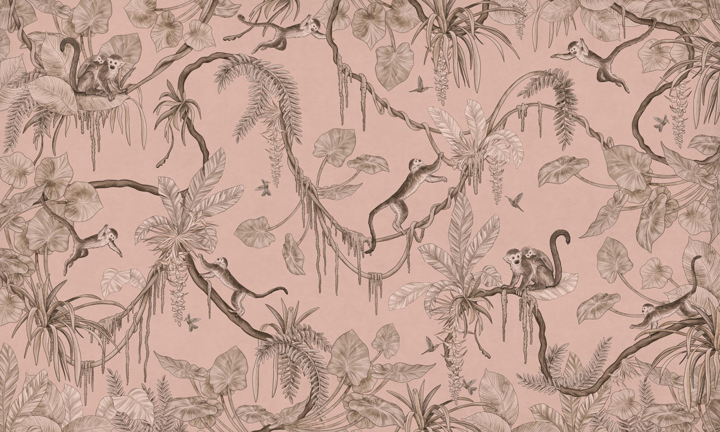 Playful Monkeys – Monochrome Pink wallpaper mural by Kikki Belle