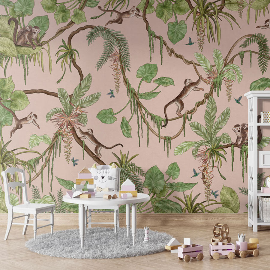 Playful Monkeys – Pink wallpaper mural in a children’s playroom