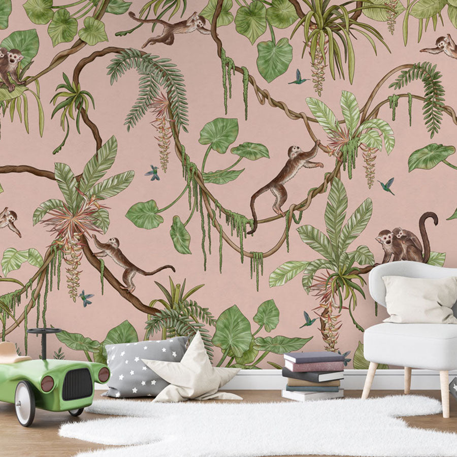 Playful Monkeys – Pink wallpaper mural in a toy car
