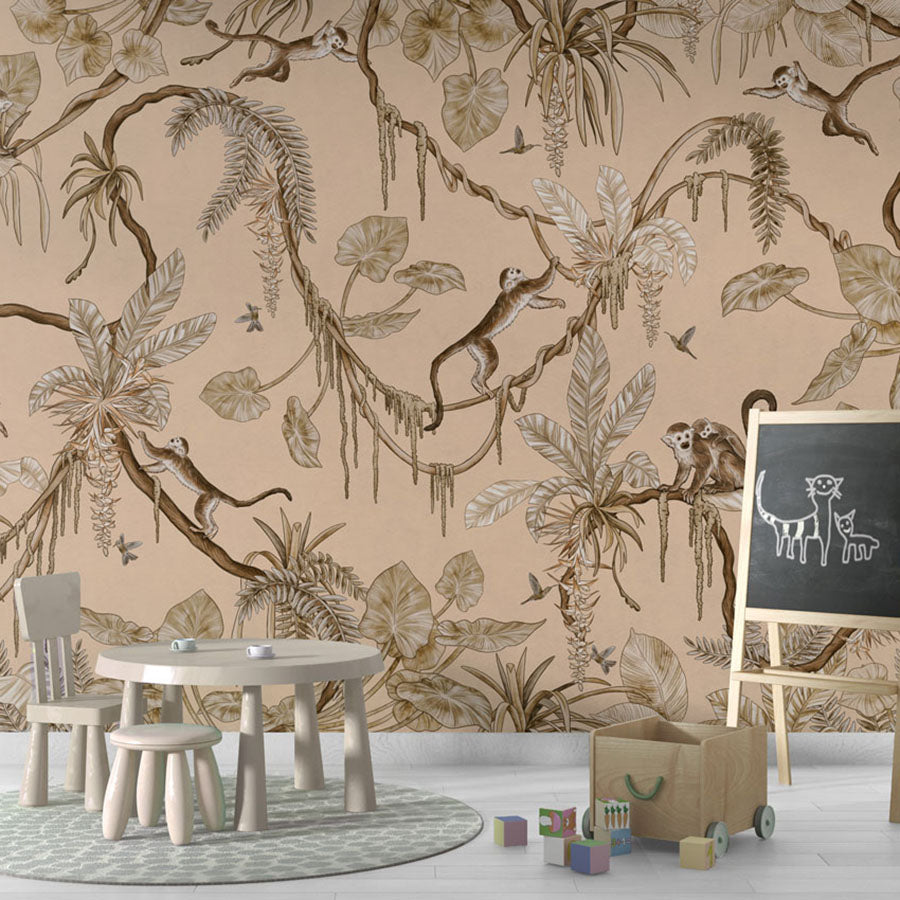 Playful Monkeys – Vintage Beige wallpaper mural in a chalkboard