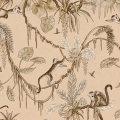 Close-up of the Playful Monkeys – Vintage Beige wallpaper mural