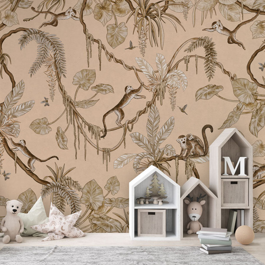 Playful Monkeys – Vintage Beige wallpaper mural in a house shaped storage
