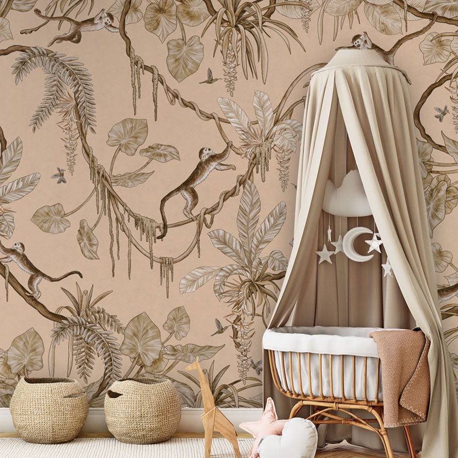 Playful Monkeys – Vintage Beige wallpaper mural in a nursery rattan cot canopy