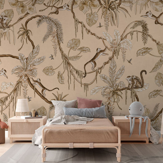 Playful Monkeys – Vintage Beige wallpaper mural in a rattan bed