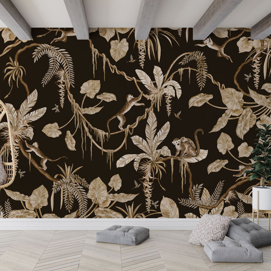 Playful Monkeys – Vintage Black wallpaper mural in a hanging chair floor cushions