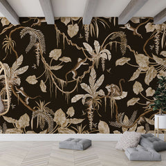 Playful Monkeys – Vintage Black wallpaper mural in a hanging chair floor cushions