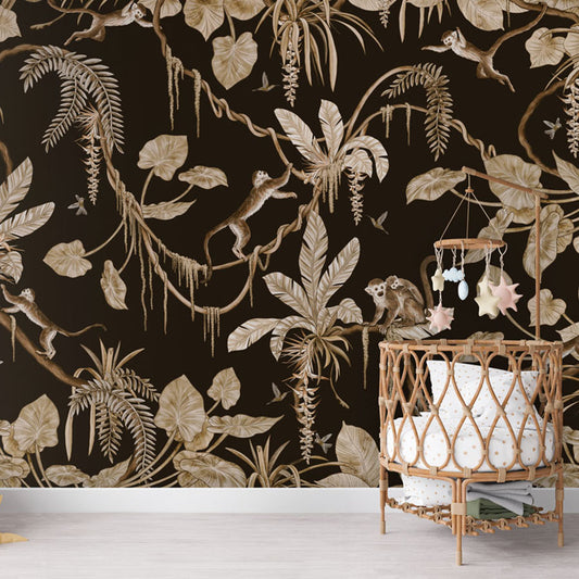 Playful Monkeys – Vintage Black wallpaper mural in a nursery rattan cot