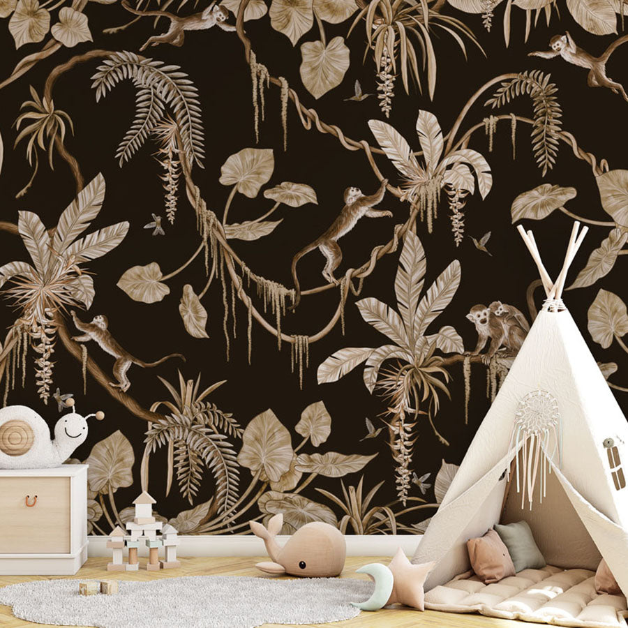 Playful Monkeys – Vintage Black wallpaper mural in a teepee