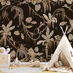 Playful Monkeys – Vintage Black wallpaper mural in a teepee