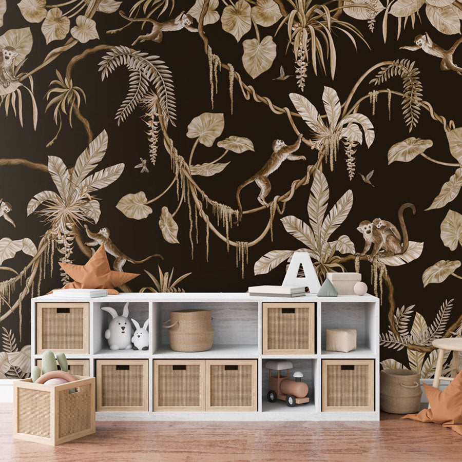 Playful Monkeys – Vintage Black wallpaper mural in a toy storage