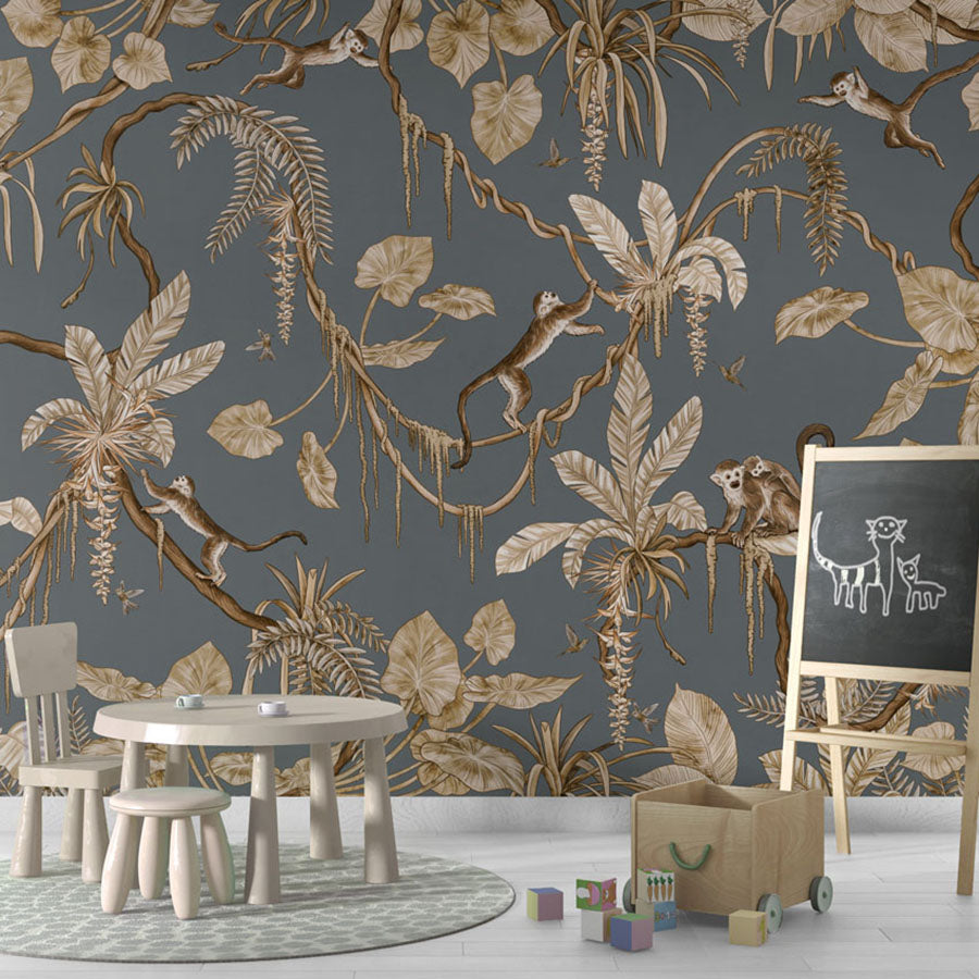 Playful Monkeys – Vintage Blue wallpaper mural in a chalkboard