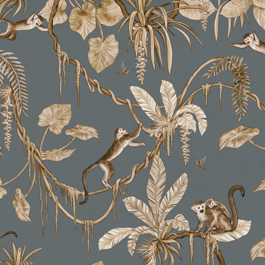 Close-up of the Playful Monkeys – Vintage Blue wallpaper mural