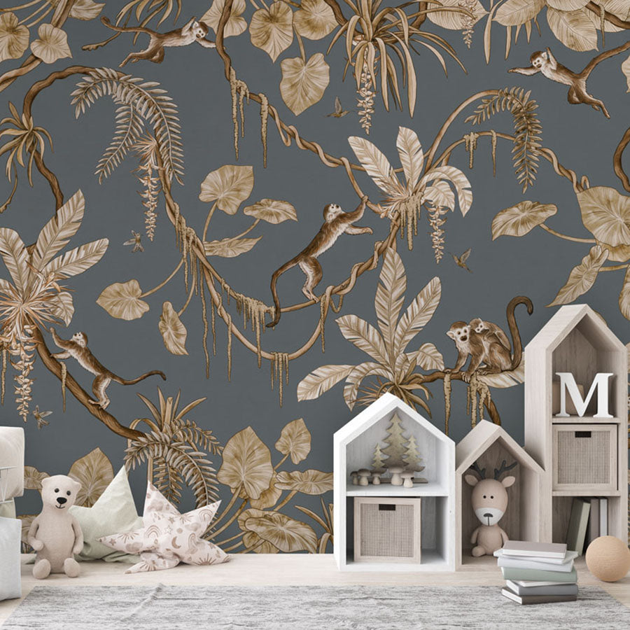 Playful Monkeys – Vintage Blue wallpaper mural in a house shaped storage