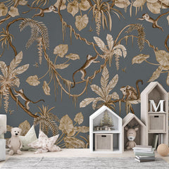 Playful Monkeys – Vintage Blue wallpaper mural in a house shaped storage