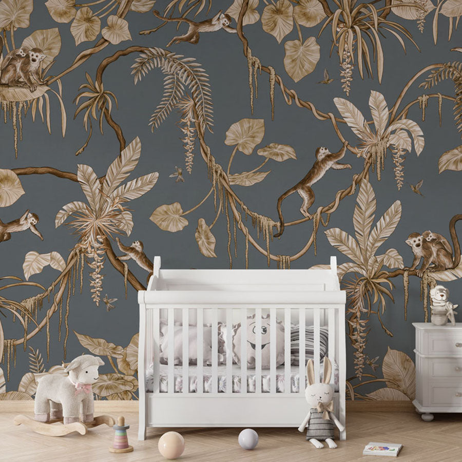 Playful Monkeys – Vintage Blue wallpaper mural in a nursery crib