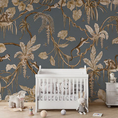Playful Monkeys – Vintage Blue wallpaper mural in a nursery crib