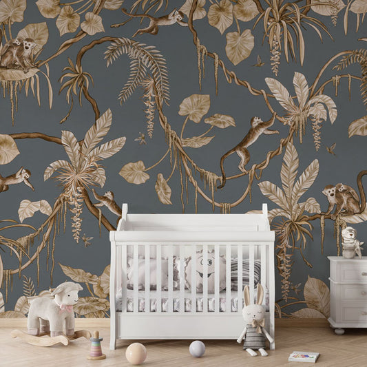 Playful Monkeys – Vintage Blue wallpaper mural in a nursery crib