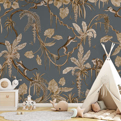 Playful Monkeys – Vintage Blue wallpaper mural in a teepee