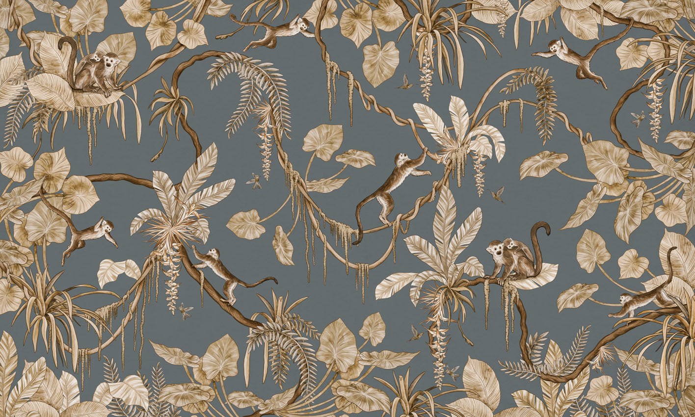 Playful Monkeys – Vintage Blue wallpaper mural by Kikki Belle