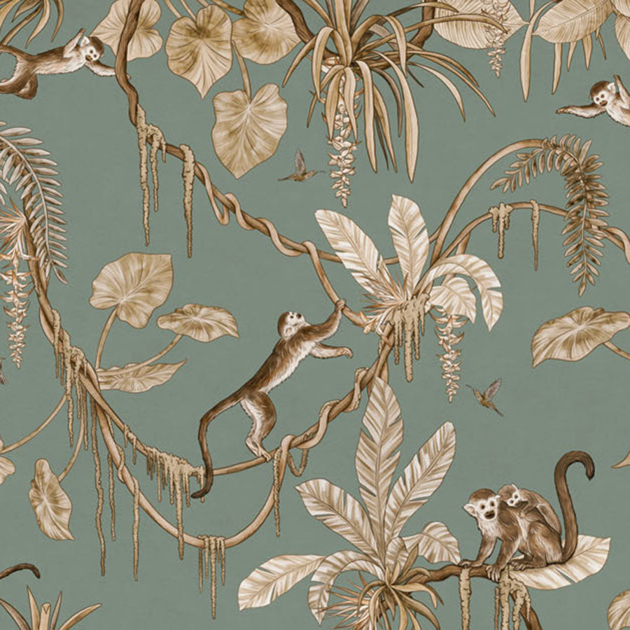 Close-up of the Playful Monkeys – Vintage Green wallpaper mural