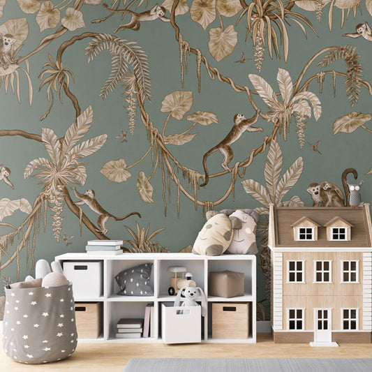 Playful Monkeys – Vintage Green wallpaper mural in a dolls house