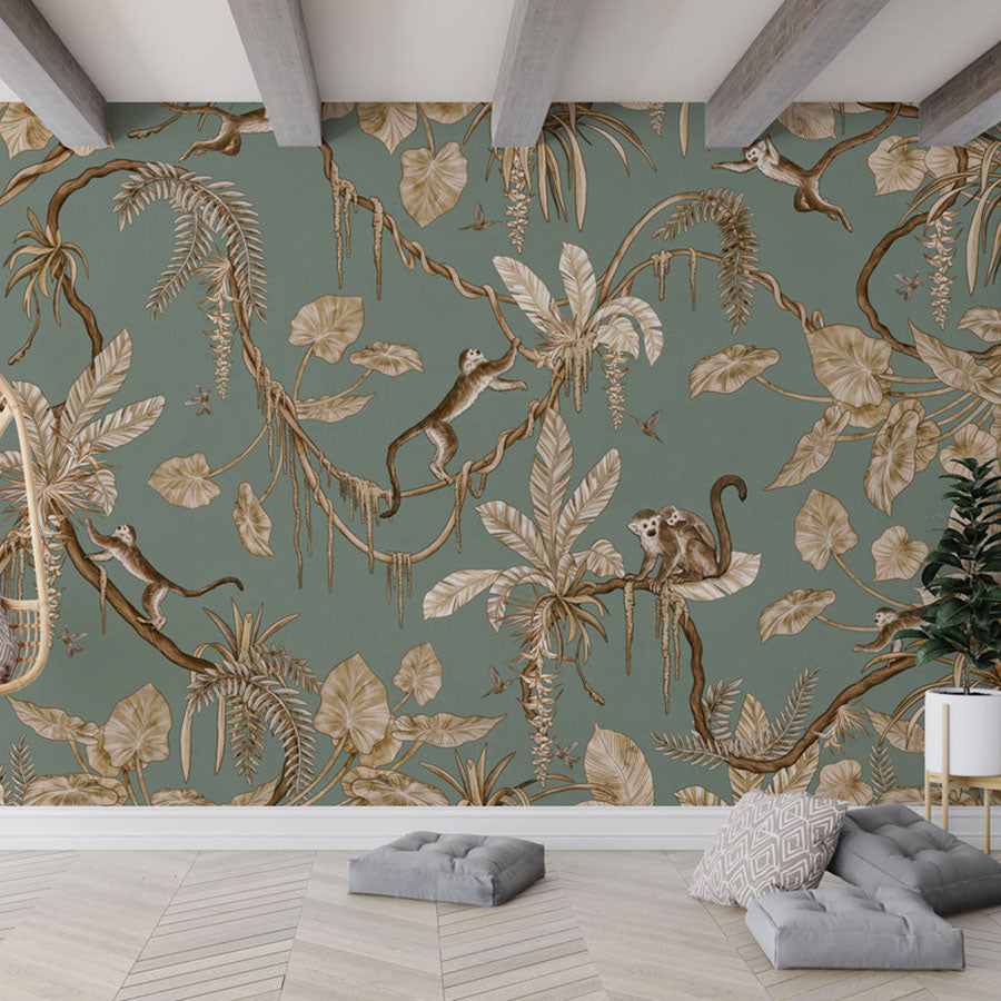 Playful Monkeys – Vintage Green wallpaper mural in a hanging chair floor cushions