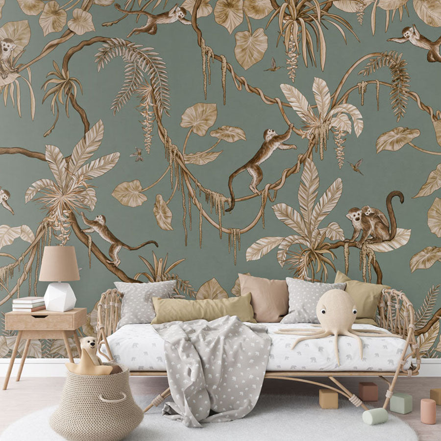 Playful Monkeys – Vintage Green wallpaper mural in a rattan daybed