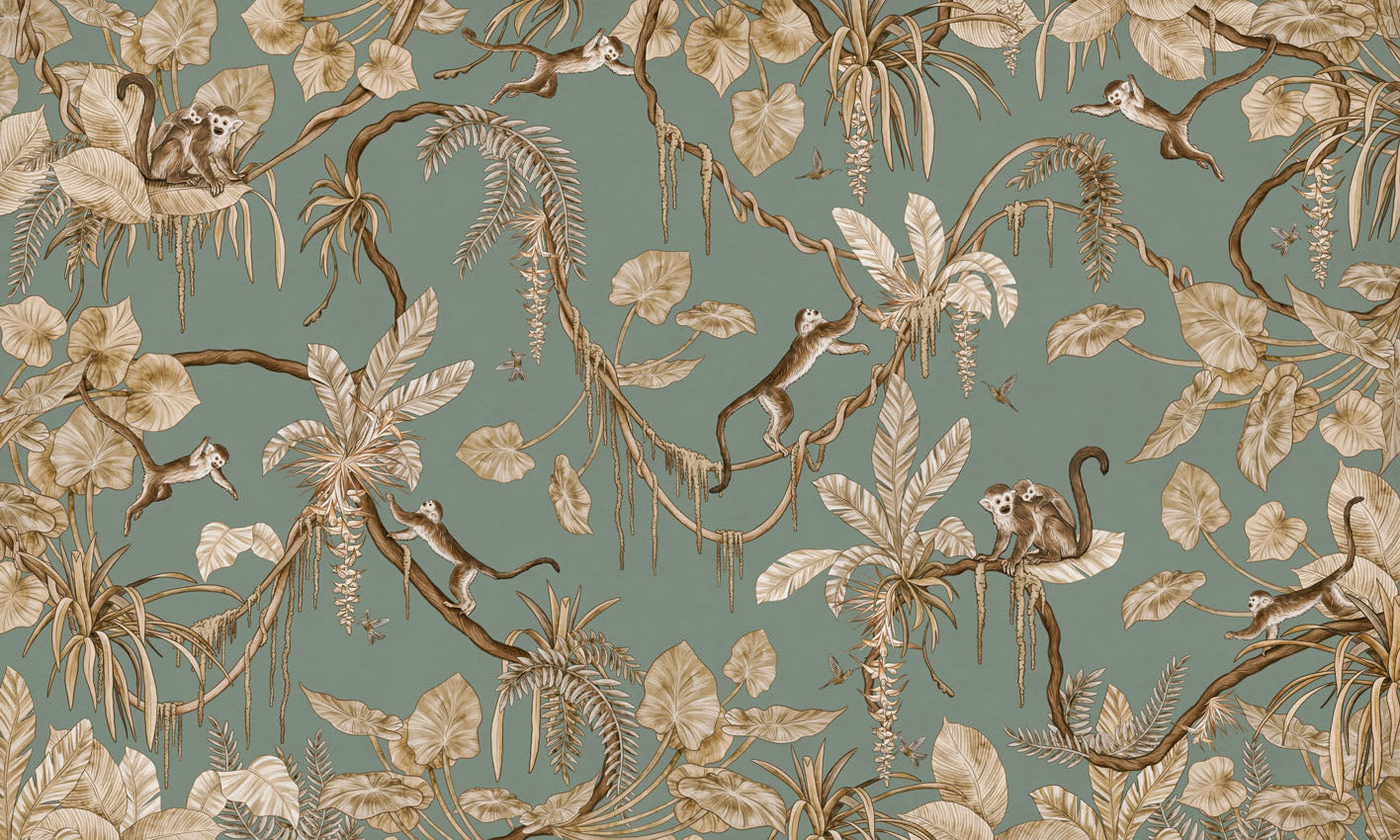 Playful Monkeys – Vintage Green wallpaper mural by Kikki Belle