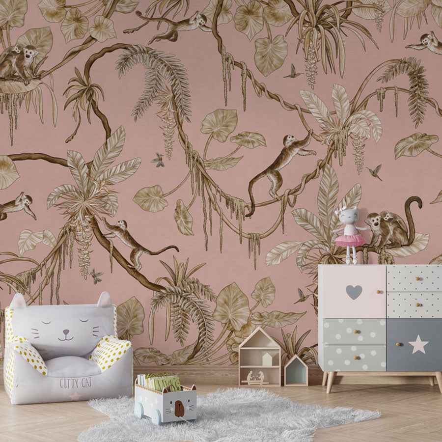 Playful Monkeys – Vintage Pink wallpaper mural in a armchair storage