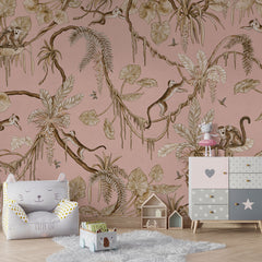 Playful Monkeys – Vintage Pink wallpaper mural in a armchair storage