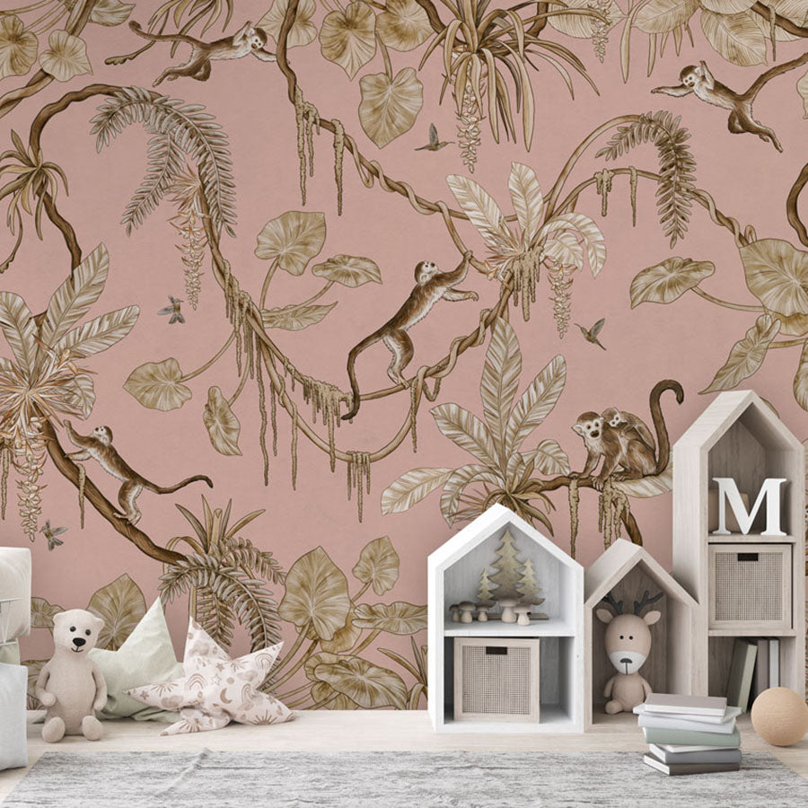 Playful Monkeys – Vintage Pink wallpaper mural in a house shaped storage