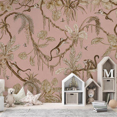 Playful Monkeys – Vintage Pink wallpaper mural in a house shaped storage