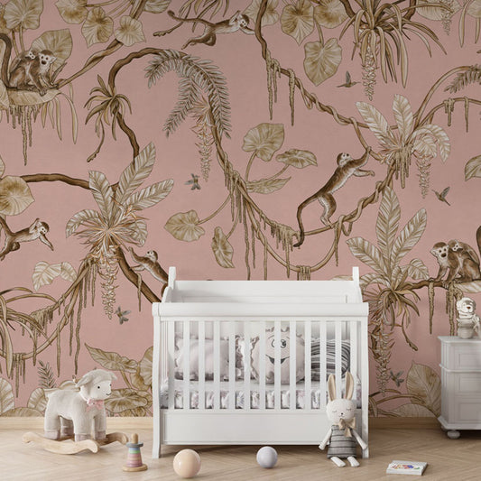 Playful Monkeys – Vintage Pink wallpaper mural in a nursery crib