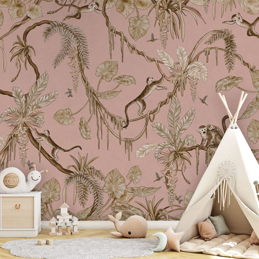 Playful Monkeys – Vintage Pink wallpaper mural in a teepee