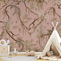 Playful Monkeys – Vintage Pink wallpaper mural in a teepee