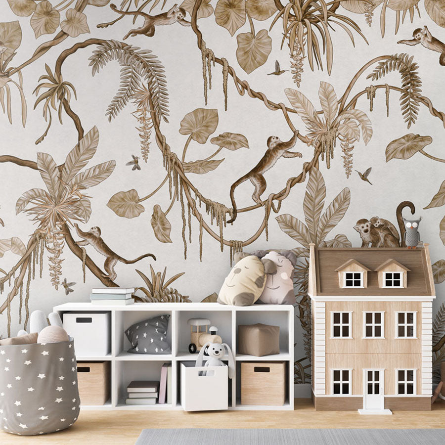 Playful Monkeys – Vintage White wallpaper mural in a dolls house