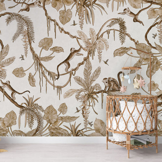 Playful Monkeys – Vintage White wallpaper mural in a nursery rattan cot