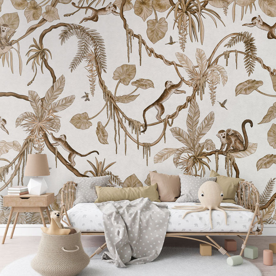 Playful Monkeys – Vintage White wallpaper mural in a rattan daybed