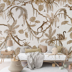Playful Monkeys – Vintage White wallpaper mural in a rattan daybed