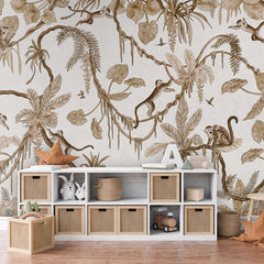 Playful Monkeys – Vintage White wallpaper mural in a toy storage