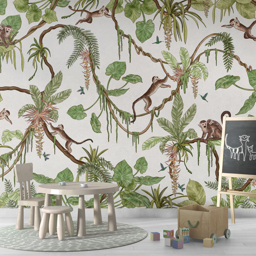 Playful Monkeys – White wallpaper mural in a chalkboard